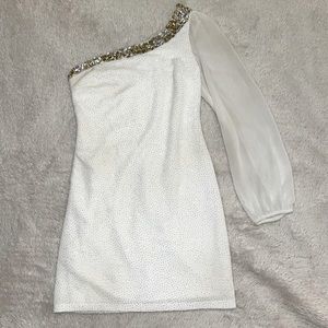 White and Gold One Sleeve Fancy Homecoming Dress